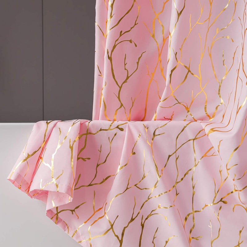 FINECITY Pink Shower Curtain - Metallic Gold Foil Branch Pattern Print Shower Curtain 72 Inch Long, Grommet Shower Curtain Set with 12 Hooks, 72 x 72 Inch, Pink and Gold - Image 5